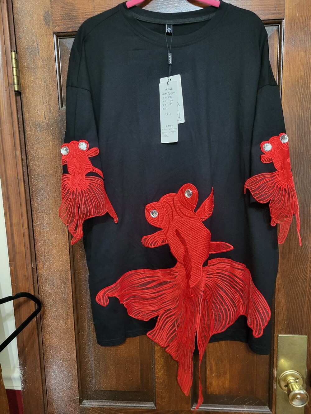 NWT ZiyowPai Black Dress with Bold Red Coy Fish Appliqués
